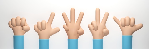 3d rendering 3d illustration hand shows different gestures isolated on white background simple hands cartoon style