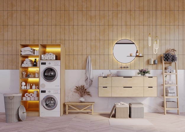 3d rendering,3d illustration, Interior Scene and  Mockup,Laundry room in brown tones and wooden belerniger.
