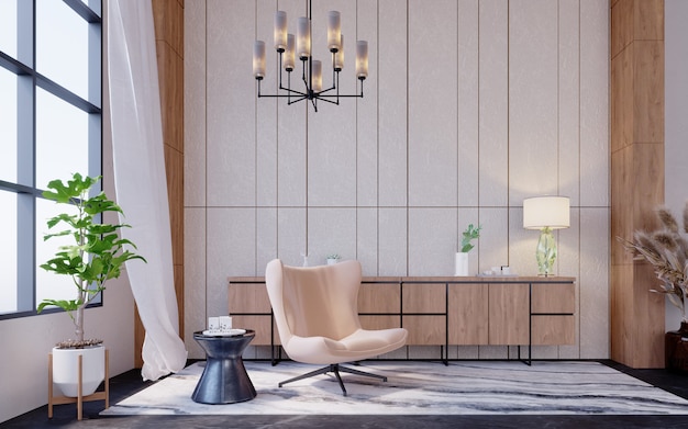 3d rendering,3d illustration, Interior Scene and  Mockup,light wood sideboard, beige leather armchair.