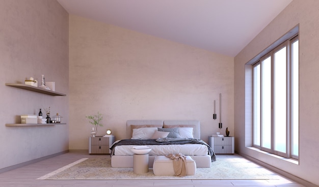3d 렌더링, 3d 그림, 내부 장면 및 모형, 콘크리트와 나무, 따뜻한 색조가 혼합된 현대적인 미니멀리즘 침실.