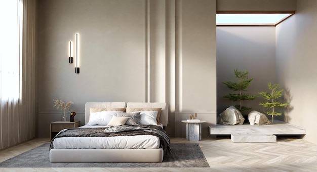 Rendering 3d, illustrazione 3d, scena interna e mockup, camera da letto in stile moderno con giardino interno aggiungono un'atmosfera naturale.