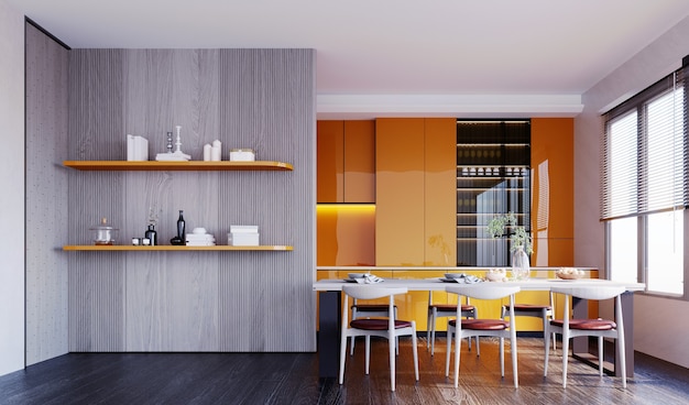 Rendering 3d, illustrazione 3d, scena interna e mockup, cucina in stile moderno e tavolo da pranzo con ante dell'armadio da cucina arancione e parete arancione e mensole sospese.