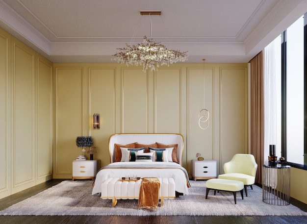 3d rendering,3d illustration, Interior Scene and  Mockup, Mustard yellow luxury style bedroom with curved furniture playing against the walls.