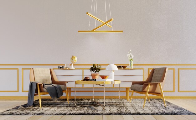 3d rendering,3d illustration, Interior Scene and  Mockup,White wall with 2 modern armchair and coffee table, Decorative wall wood frame panels and modern ceiling lamp