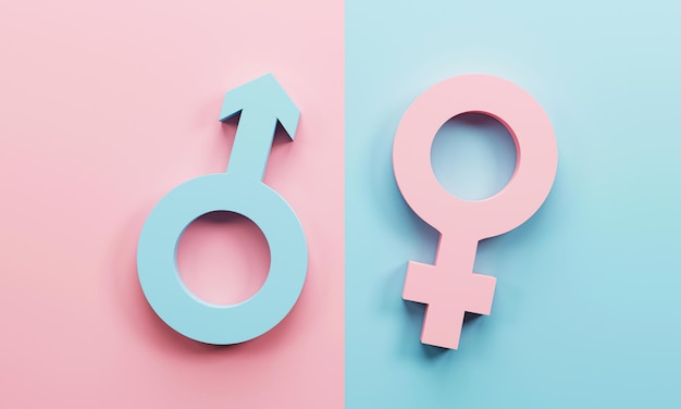 3Dレンダリング 3Dイラスト ピンクの背景の男性と女性の性的シンボル リンクされた異性カップルのジェンダーシンボル 近代的なミニマルコンセプト