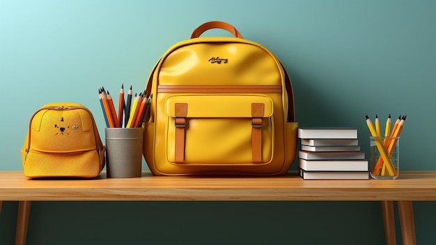 3D Rendering 3D Illustration of a school desk with school accessories and a yellow rucksack on a blue backdrop