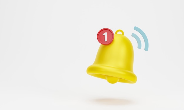 3D rendering 3D illustration Yellow notification bell is ringing with one new notification on white background Minimal social media element