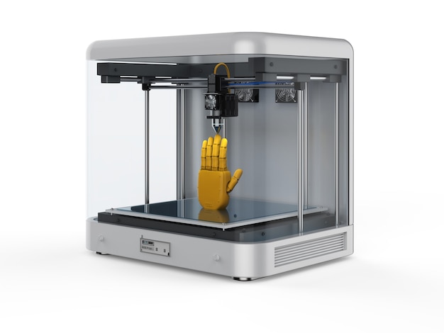 3D-rendering 3D-printer met robothand