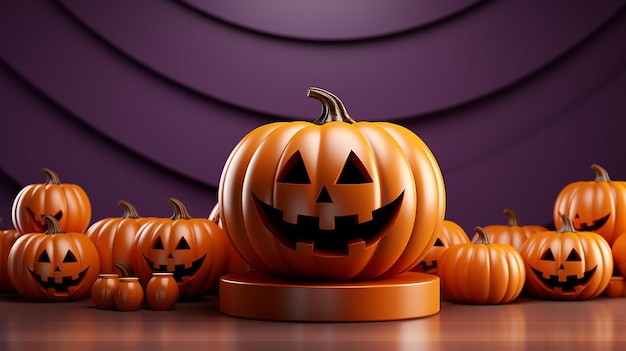 3d rendering 3D Pumpkin for Halloween smiling and Empty Product Stand Podium Exhibition on shaded