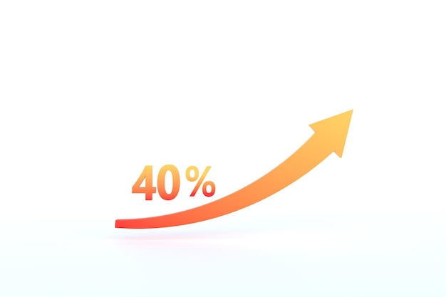 3D Rendering 40 percent growth with rising arrow isolated with white background