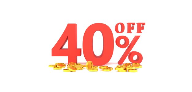 3D-рендеринг Скидка 40% с золотой монетой и белым фоном Специальное предложение 40 Скидка Тег Супер распродажа при покупке сейчас