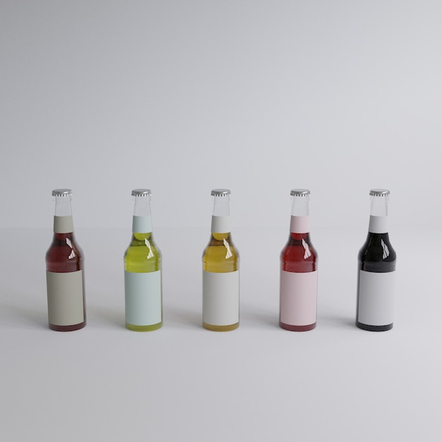 Foto rendering 3d 5 bottiglie di vetro di acqua con etichette bianche
