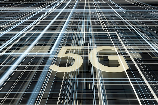 3D-rendering 5g-lettertype en circuitachtergrond