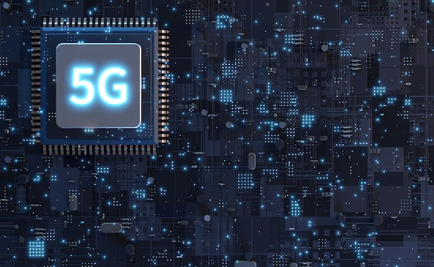 5G 텍스트 및 가상 미래 기술 도시의 3D 렌더링 빠른 데이터 전송 및 전송 대역폭 속도에 대한 개념 통신 사업자용