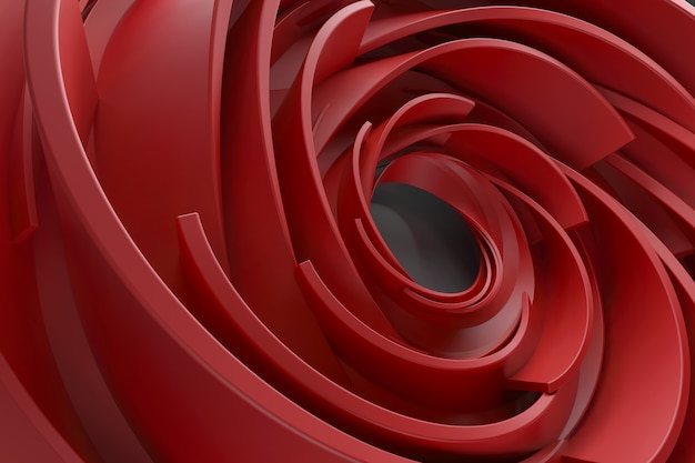 3D rendering abstract background. Twisted concentric shapes. Rotated elements with random sizes with reflective surface.