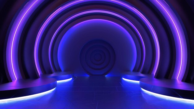 Photo 3d rendering abstract background with blue and purple neon lights glowing circle podiums in the center futuristic scifi concept