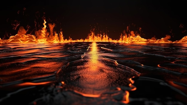 3d rendering abstract black background with wet long road on fire Generative Ai