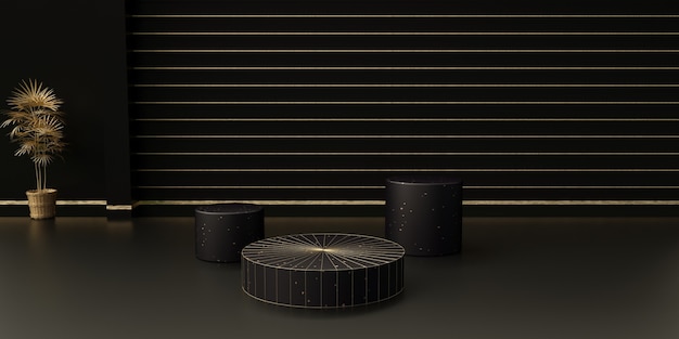 3d rendering of abstract black stage with round podium