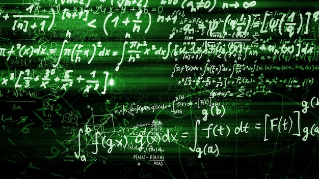 3d rendering of abstract blocks of mathematical formulas located in the virtual space