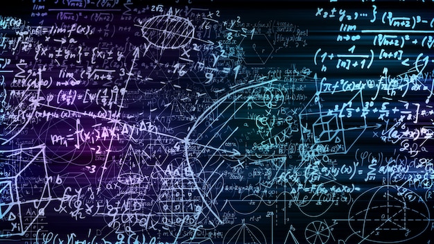 3D rendering of abstract blocks of mathematical formulas located in the virtual space