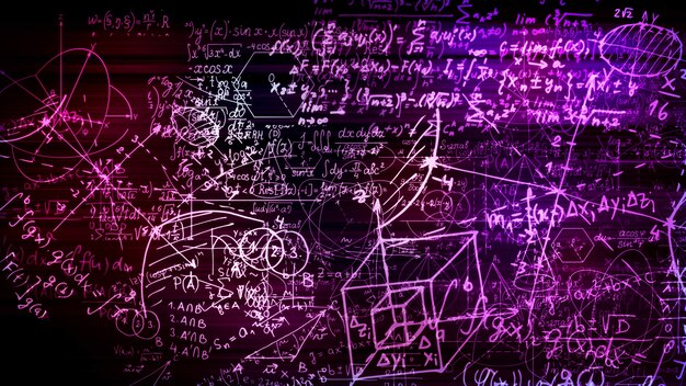 Rendering 3d di blocchi astratti di formule matematiche situate nello spazio virtuale