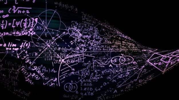 3D rendering of abstract blocks of mathematical formulas located in the virtual space