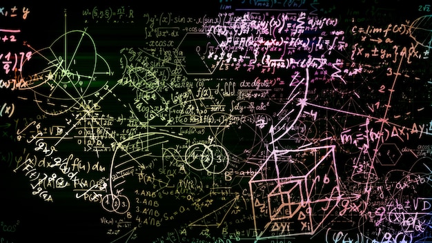 Rendering 3d di blocchi astratti di formule matematiche situate nello spazio virtuale