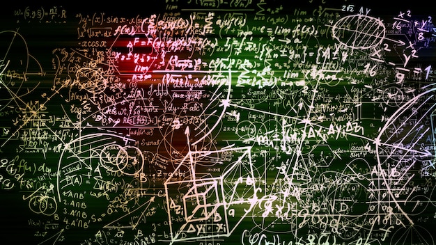 3d rendering of abstract blocks of mathematical formulas located in the virtual space