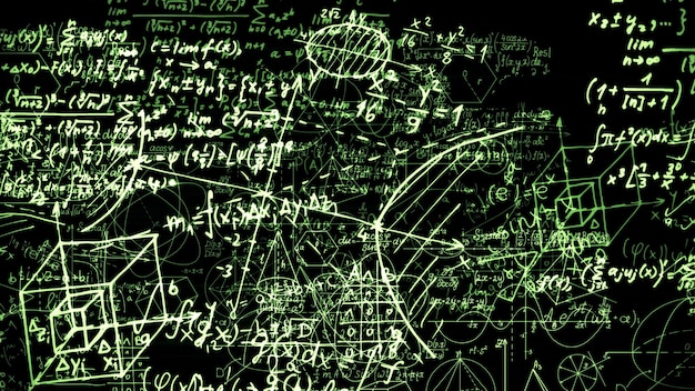 Rendering 3d di blocchi astratti di formule matematiche situate nello spazio virtuale