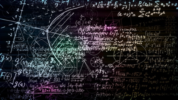 Foto rendering 3d di blocchi astratti di formule matematiche situate nello spazio virtuale