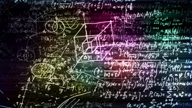 3D rendering of abstract blocks of mathematical formulas located in the virtual space