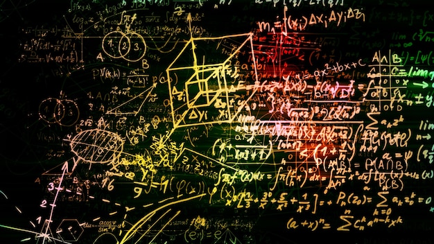 Photo 3d rendering of abstract blocks of mathematical formulas located in the virtual space