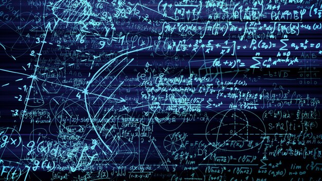 3d rendering of abstract blocks of mathematical formulas located in the virtual space