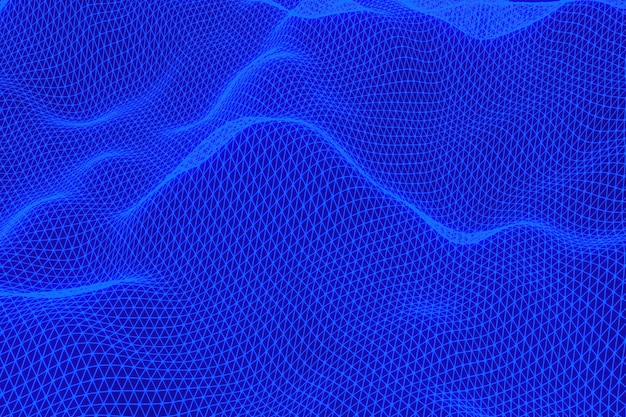 3D-рендеринг, абстрактный синий фон цифровой пейзаж с частицами точек на черном фоне, низкий поли на черном фоне