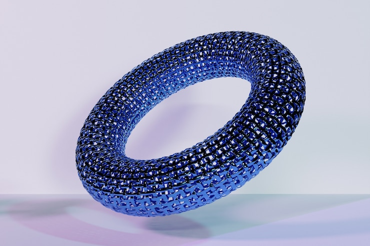 Photo 3d rendering abstract  blue metal  round fractal, portal.  round spiral on white  isolated background