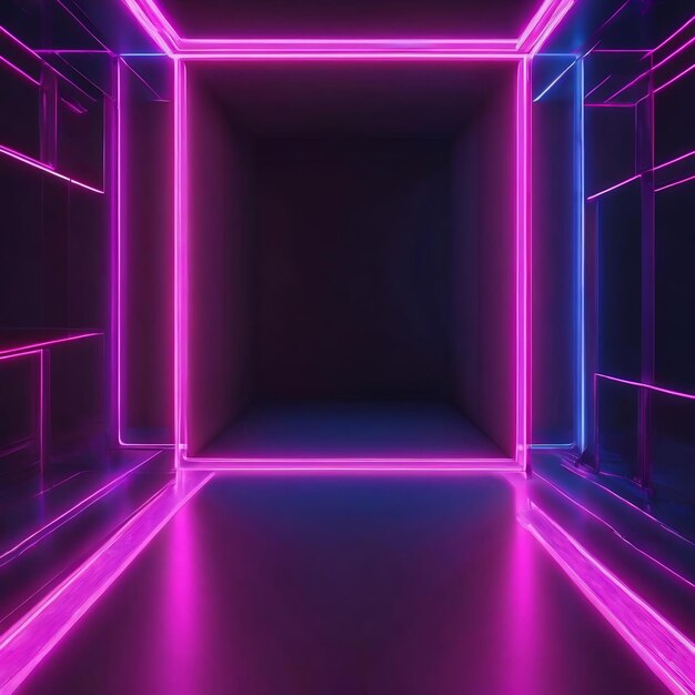 Photo 3d rendering abstract blue pink neon lines geometric shapes virtual space empty room ultraviole