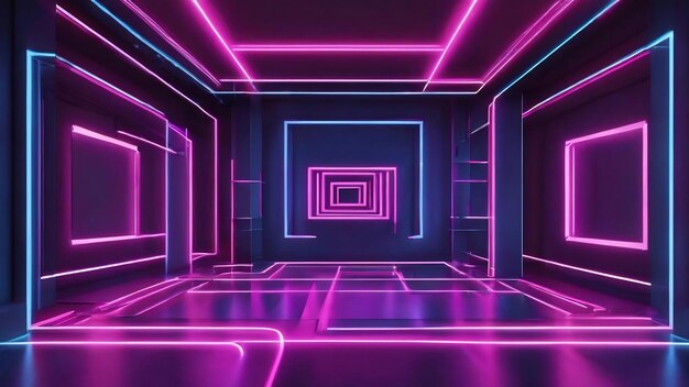 Photo 3d rendering abstract blue pink neon lines geometric shapes virtual space empty room ultraviole