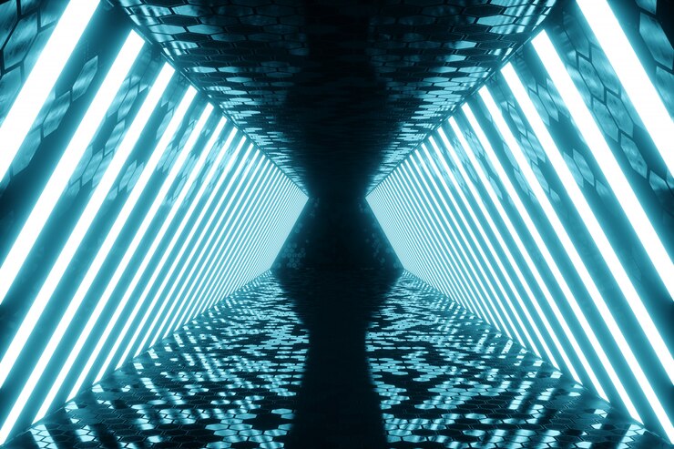 3D rendering Abstract blue room interior with blue neon lamps. Futuristic architecture background. Mock-up for your design project.
