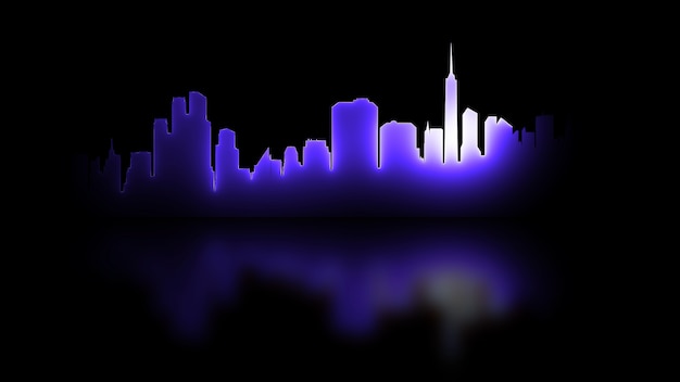 Photo 3d rendering of an abstract bright neon city silhouette