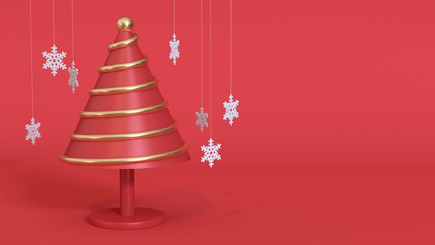 3 dレンダリング抽象的なクリスマスツリーコーンゴールドメタリックレッド、ホリデークリスマス新年