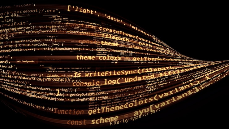 Photo 3d rendering abstract code in the virtual space. the computer code is bent in the form of a tape