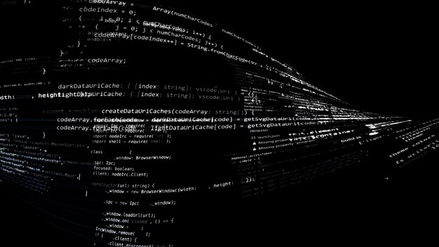 3D rendering abstract code in the virtual space. The computer code is bent in the form of a tape