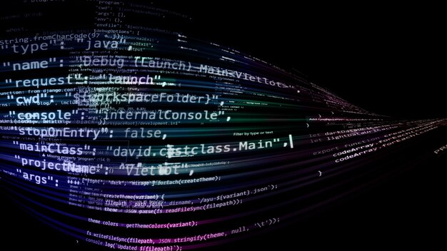 3D rendering abstract code in the virtual space. The computer code is bent in the form of a tape