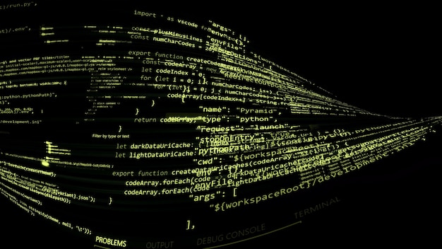 3D rendering abstract code in the virtual space. The computer code is bent in the form of a tape