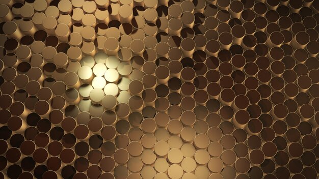 仮想空間における抽象的な円筒形の幾何学的な金色の表面の3Dレンダリング
