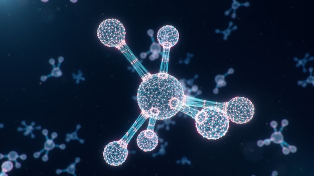 3d che rende le molecole digitali astratte, fondo degli atomi. struttura della griglia, linee di connessione e punti. chimica molecolare di linee e punti di connessione.