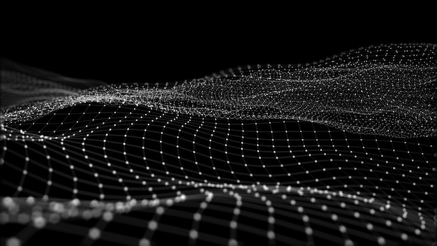 Photo 3d rendering of abstract digital waves and bright square particles in space