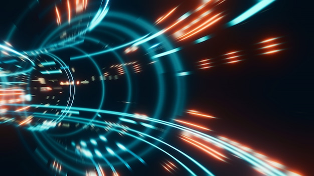 3D Rendering of abstract fast moving stripe lines with glowing light flare. High speed motion blur. 