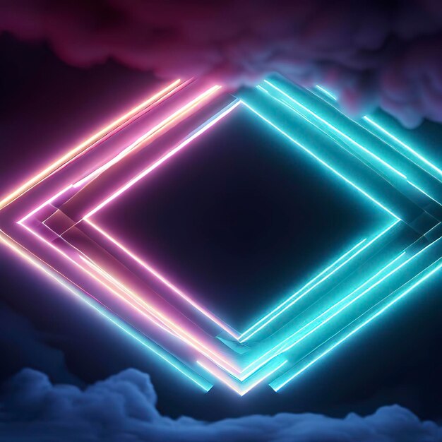 3d rendering abstract futuristic background with neon geometric shape and stormy cloud on night sky Rhombus frame with copy space