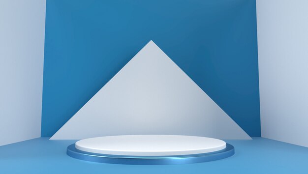 3d Rendering Of Abstract Geometric  Background, Scene, Podium, Stage, And Display . Blue And White Color.